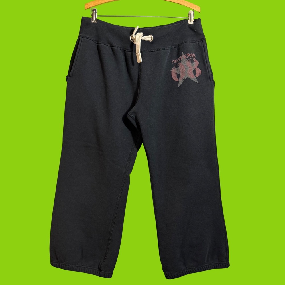 Converse Black Crop Wide Leg Sweatpants Graphic Logo Drawstring Mens Large